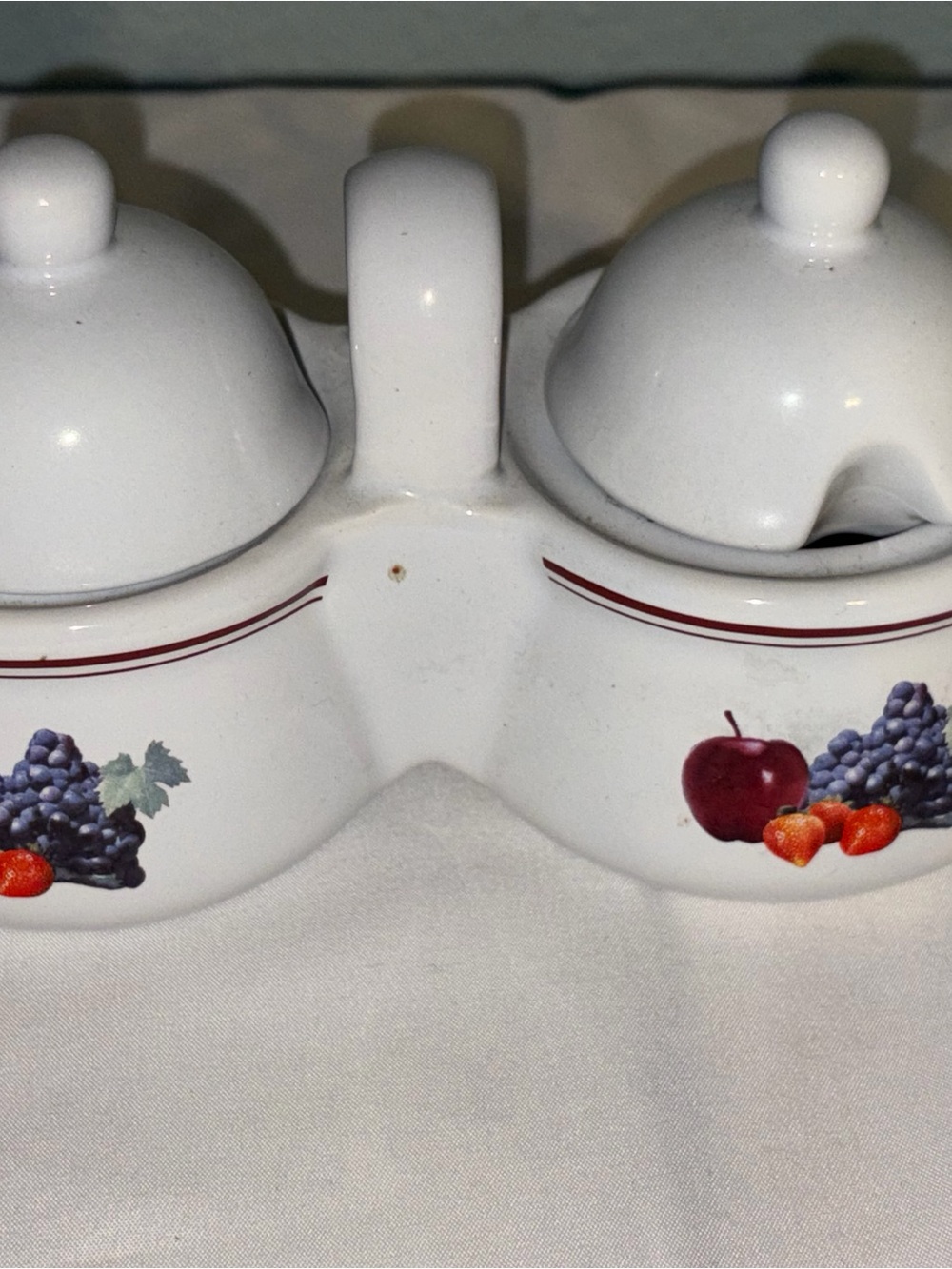 White Ceramic Double Condiment Server with Fruit Accent
